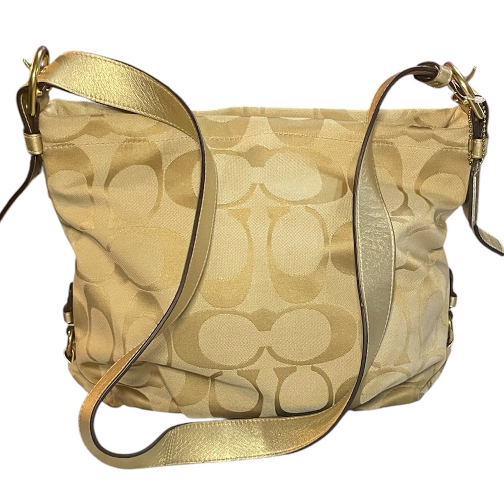 Coach Beige & Gold Signature Shoulder Bag with Gold Trim Pink Interior #F15067